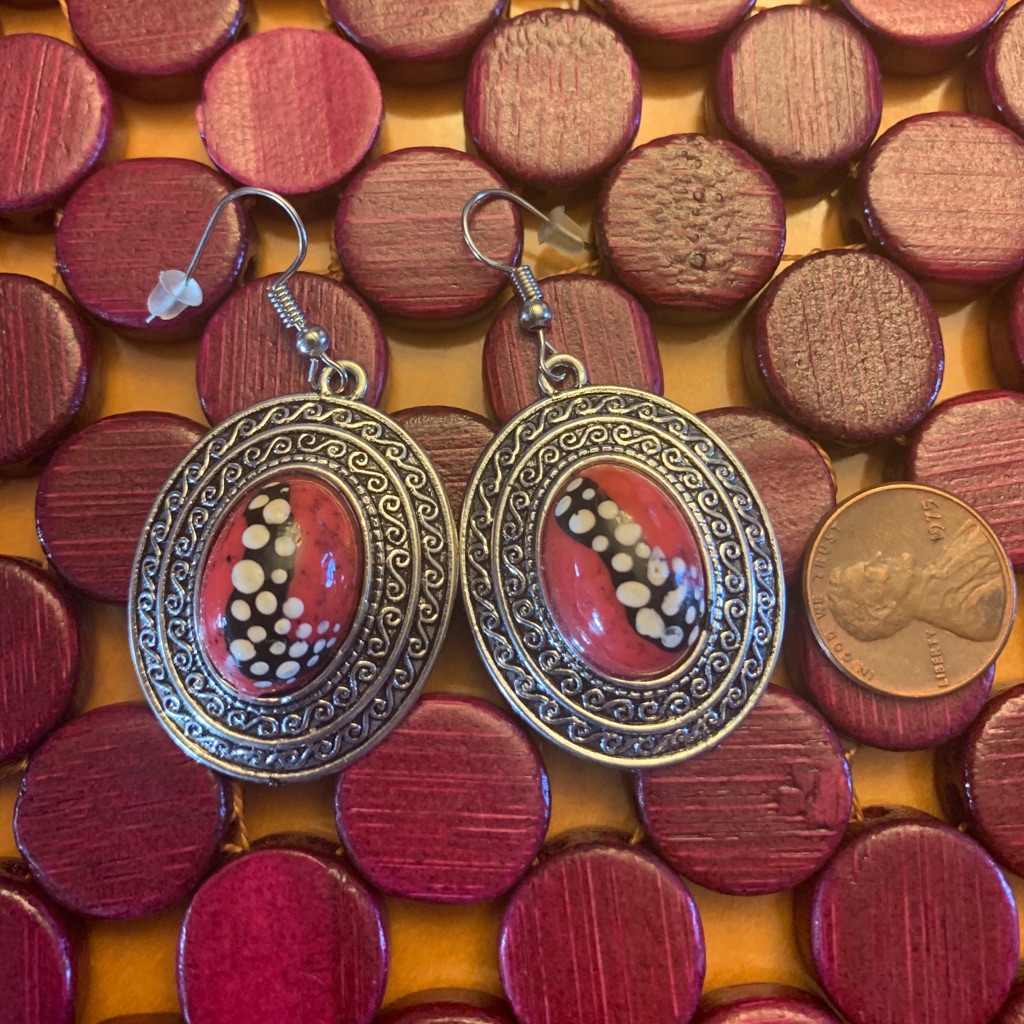 Hand Painted Red And Silver Oval Earrings